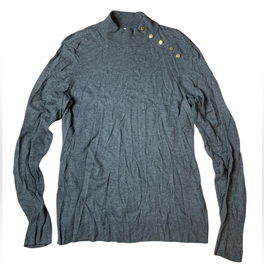 19. H&M Fine-Knit Mock Neck Sweater Gold Button Detail Grey Size L